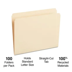 Staples 100% Recycled File Folder, Single Tab, Letter Size, 100/Box (ST393125/393125) New