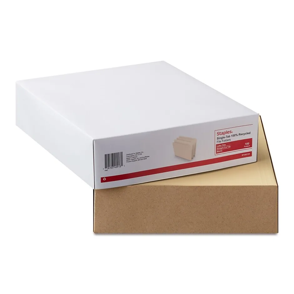 Staples 100% Recycled File Folder, Single Tab, Letter Size, 100/Box (ST393125/393125) New