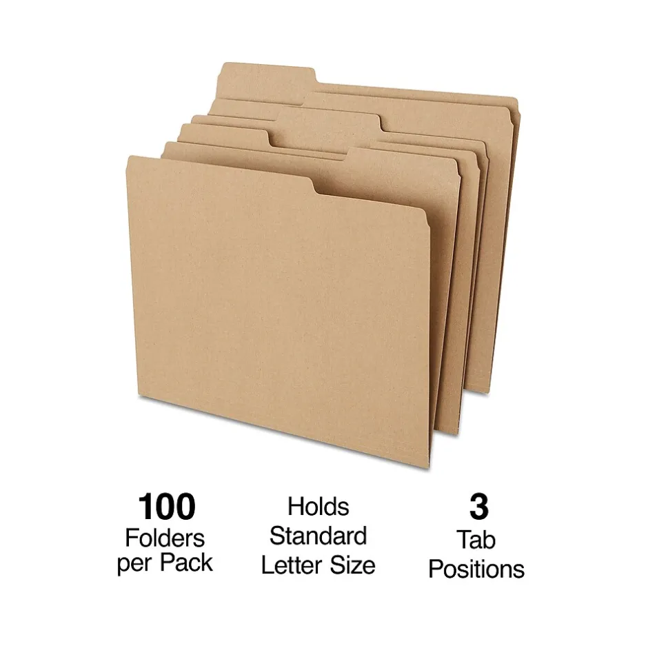 Staples 100% Recycled File Folder, 1/3-Cut Tab, Letter Size, Kraft, 100/Box (ST756044-CC) Outlet