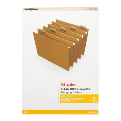 Staples ® 100% Recycled Hanging File Folders, 5-Tab Letter, Natural Brown, 25/Box (TR75601-US) New
