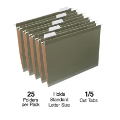 Staples 100% Recycled Reinforced Hanging File Folder, 1/5-Cut Tab, Letter Size, Standard , 25/Box (TR16403) Green Online