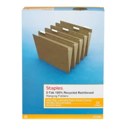 Staples 100% Recycled Reinforced Hanging File Folder, 1/5-Cut Tab, Letter Size, Standard , 25/Box (TR16403) Green Online