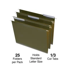 Staples 100% Recycled Reinforced Recycled Hanging File Folder, 1/3-Cut Tab, Letter Size, Standard Green, 25/Box Hot