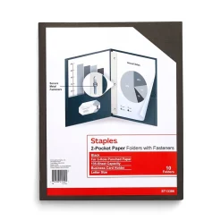 Staples 10% Recycled Smooth 2-Pocket Paper Presentation Folder with Fasteners, , 10/Pack (13386-US) Black New