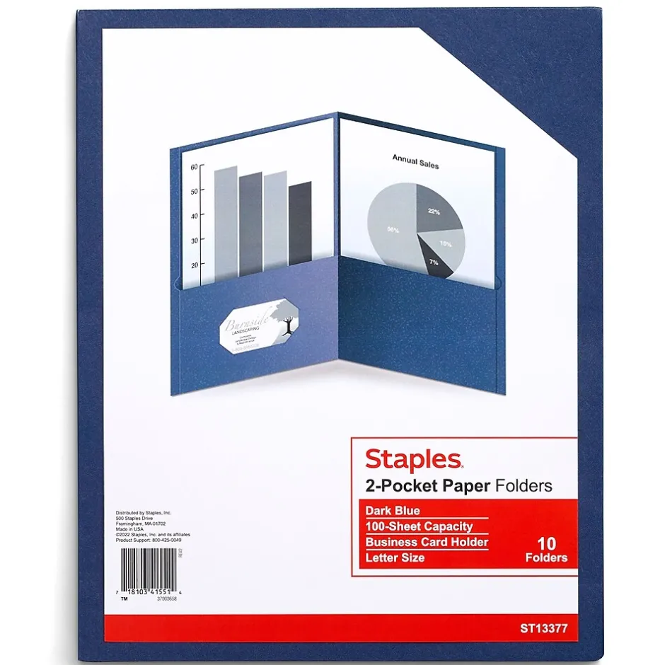 Staples 10% Recycled Smooth 2-Pocket Paper Presentation Folder, , 10/Pack (ST13377) Dark Blue