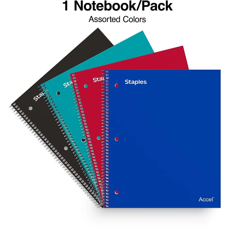 Staples ® Accel Poly 2-Subject Subject Notebooks, 8.5" x 11", College Ruled, 75 Sheets, Assorted (36739)