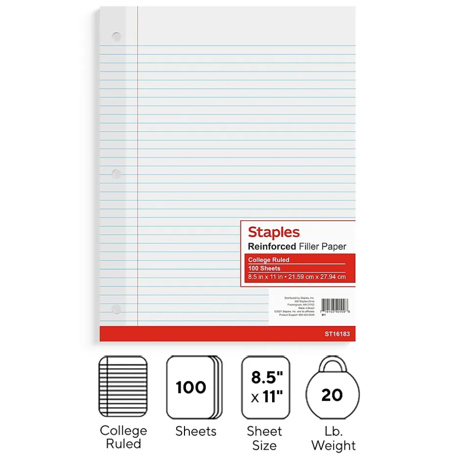 Staples College Ruled Filler Paper, 8.5" x 11", 100 Sheets/Pack (TR16183) Sale