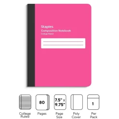 Staples Composition Notebook, 7.5" x 9.75", College Ruled, 80 Sheets, (ST55084) Pink Clearance