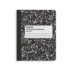 Staples ® Composition Notebooks, 7.5" x 9.75", Wide Ruled, 100 Sheets, /White Marble, 4/Pack (ST58369) Black New