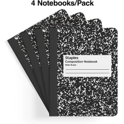 Staples ® Composition Notebooks, 7.5" x 9.75", Wide Ruled, 100 Sheets, /White Marble, 4/Pack (ST58369) Black New