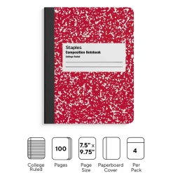 Staples ® Composition Notebooks, 7.5" x 9.75", College Ruled, 100 Sheets, , 4/Pack (ST58370) Assorted Colors Hot