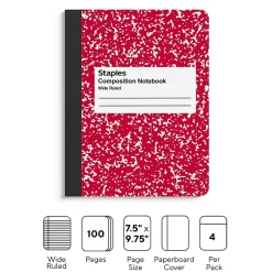 Staples ® Composition Notebooks, 7.5" x 9.75", Wide Ruled, 100 Sheets, , 4/Pack (ST58368) Assorted Colors Hot