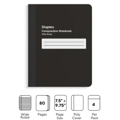 Staples Composition Notebook, 7.5" x 9.75", Black, 4/Pack (TR58294) Outlet
