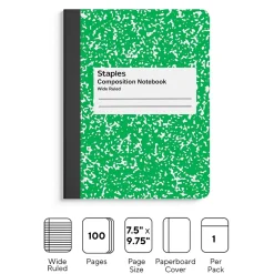 Staples ® Composition Notebook, 7.5" x 9.75", Wide Ruled, 100 Sheets, Green (ST55074)