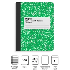 Staples ® Composition Notebook, 7.5" x 9.75", College Ruled, 100 Sheets, (ST55066) Green