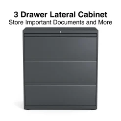 Outlet 3-Drawer Lateral File Cabinet, Letter/Legal Size, Lockable, 40.25"H x 36"W x 18.63"D, Charcoal (60947/20885) File Cabinets