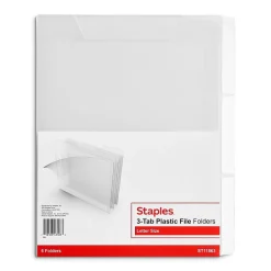 Staples File Folder, 3 Tab, Letter Size, Translucent Clear, 6/Pack (TR11863) New