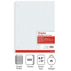 Staples Graph Ruled Filler Paper, 8.5" x 11", White, 100 Sheets/Pack (TR25139) New