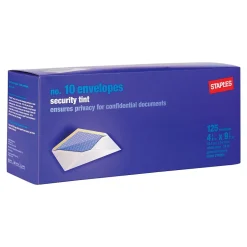 Staples Gummed Security Tinted #10 Business Envelopes, 4 1/8" x 9 1/2", White, 125/Box (276204N)* Security Tinted