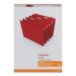 Staples ® Hanging File Folders, 1/5-Cut Tab, Letter Size, , 25/Box (ST163535-CC) Red Online