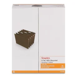 Staples Hanging File Folders, 1/5-Cut Tab, LLetter Size, Standard Green, 50/Box (45444-US) Clearance