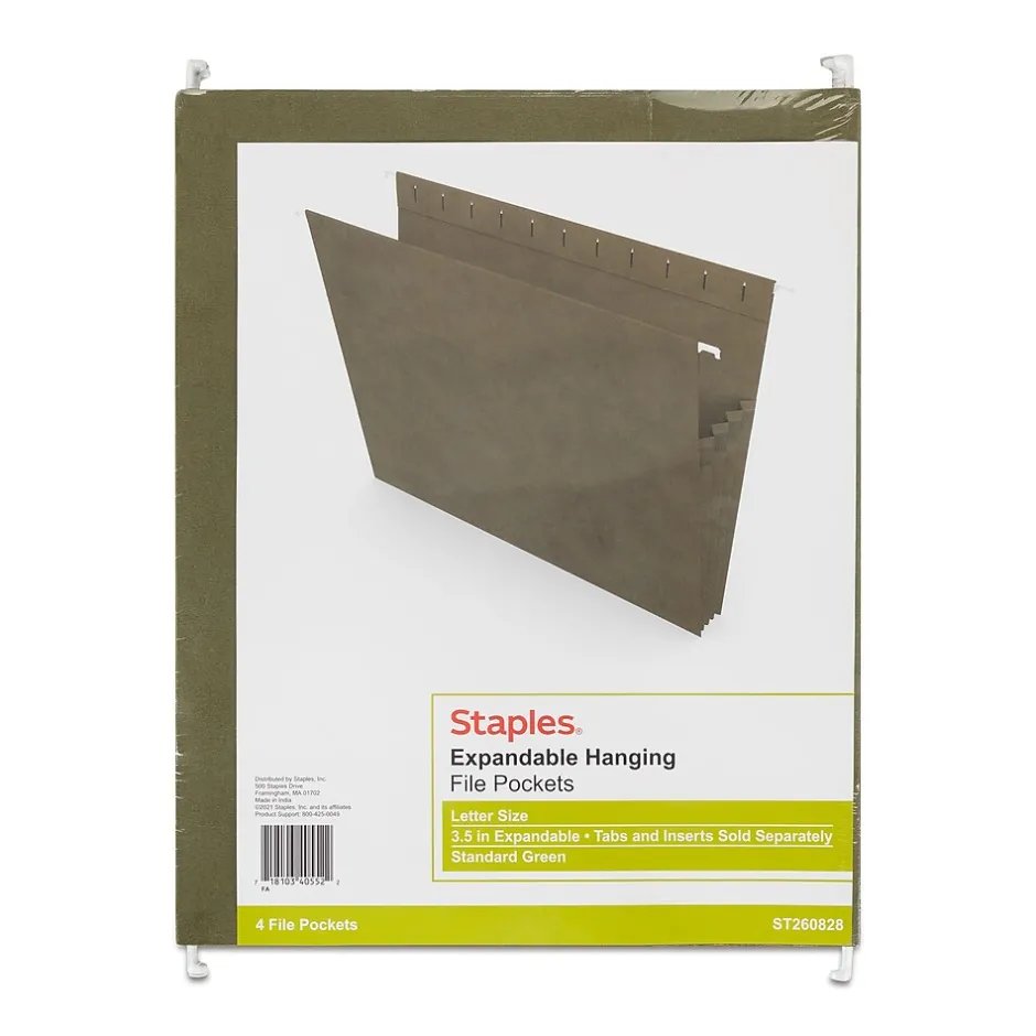 Staples Hanging File Pockets, 3.5" Expansion, Staight Cut, Letter Size, , 4/Box (ST260828-CC) Standard Green Outlet