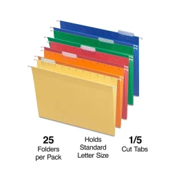 Staples ® Heavy Duty Bright Colored Hanging File Folders, 1/5-Cut Tab, Letter Size, Assorted Colors, 25/Box (ST875411-CC) Discount