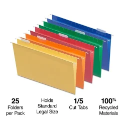 Staples Heavy Duty Reinforced Hanging File Folders, 1/5-Cut Tab, Legal Size, Assorted Colors, 25/Box (ST18657-CC) Online