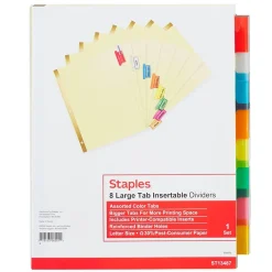 Staples Large Tab Insertable Paper Divider, 8 Tabs, Buff with Assorted-Color Tabs, 1 Set (13487/11111) Hot