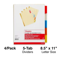 Staples Large Tab Insertable Dividers, 5-Tab, Assorted Colors, 4/Pack (13515/14481) Outlet