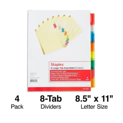 Staples Large Tab Insertable Paper Divider, 8 Tabs, Buff with Assorted-Color Tabs, 4 Sets (13517/14483) Sale