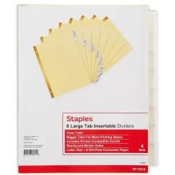 Staples Large Tab Insertable Paper Divider, 8 Tabs, Buff with Clear Tabs, 4 Sets (13516/14482) New
