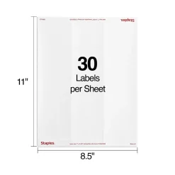Staples Laser/Inkjet Address Labels, 1" x 2-5/8", White, 30 Labels/Sheet, 25 Sheets/Pack (ST18054-CC)* Shipping Labels