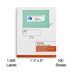 Staples Laser/Inkjet Address Labels, 1 1/3" x 4", White, 14 Labels/Sheet, 100 Sheets/Pack, 1400 Labels/Pack (18059/SIWO120)* Address Labels