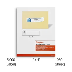 Staples Laser/Inkjet Address Labels, 1" x 4", Bright White, 20 Labels/Sheet, 250 Sheets/Box, 5000 Labels/Box (18064)* Address Labels