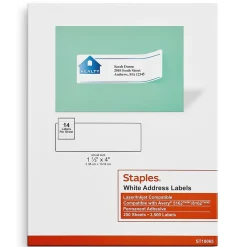 Staples Laser/Inkjet Address Labels, 1 1/3" x 4", White, 14 Labels/Sheet, 250 Sheets/Box, 3500 Labels/Box (18065)* Address Labels