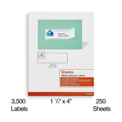 Staples Laser/Inkjet Address Labels, 1 1/3" x 4", White, 14 Labels/Sheet, 250 Sheets/Box, 3500 Labels/Box (18065)* Address Labels