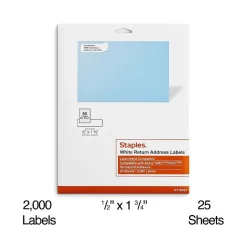 Staples Laser/Inkjet Address Labels, 1/2" x 1 3/4", White, 80 Labels/Sheet, 25 Sheets/Pack, 2000 Labels/Box (ST18053-CC)* Address Labels