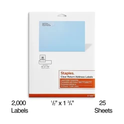 Staples Laser/Inkjet Address Labels, 1/2" x 1 3/4", Clear, 80 Labels/Sheet, 25 Sheets/Pack, 2000 Labels/Box (18087/SCNJ090)* Address Labels