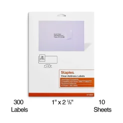 Staples Laser/Inkjet Address Labels, 1" x 2 5/8", Clear, 30 Labels/Sheet, 10 Sheets/Pack, 300 Labels/Box (18086) New