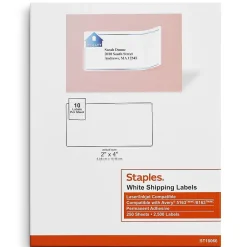 Staples Laser/Inkjet Shipping Labels, 2" x 4", White, 10 Labels/Sheet, 250 Sheets/Pack, 2500 Labels/Box (18066)* Shipping Labels
