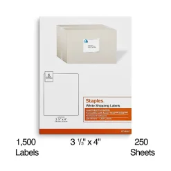 Staples Laser/Inkjet Shipping Labels, 3 1/3" x 4", White, 6 Labels/Sheet, 250 Sheets/Pack, 1500 Labels/Box (18067)* Shipping Labels