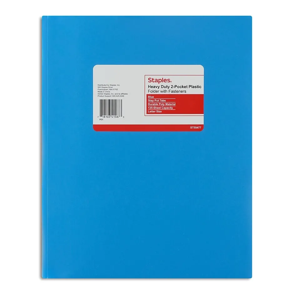 Staples Matte 2-Pocket Plastic Portfolio Folder with Fasteners, Blue (ST55477-CC) Light Blue Hot