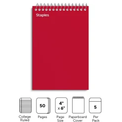 Staples Memo Pad, 4" x 6", College Ruled, Assorted Colors, 50 Sheets/Pad, 5 Pads/Pack (ST11494N) Clearance