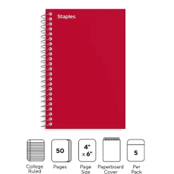 Staples Memo Pad, 4" x 6", College Ruled, Assorted Colors, 50 Sheets/Pad, 5 Pads/Pack (ST11495N) New