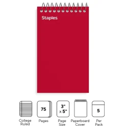 Staples Memo Pads, 3" x 5", College Ruled, Assorted Colors, 75 Sheets/Pad, 5 Pads/Pack (TR11491) Clearance