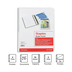 Staples Poly Binder Pocket, 3-Hole Punched, , 5/Pack (ST15159-CC) Clear