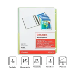 Staples Poly Binder Pocket, 3-Hole Punched, , 5/Pack (ST15158-CC) Assorted Colors Outlet