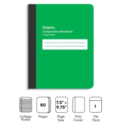Staples Poly Composition Notebook, 7.5" x 9.75", College Ruled, 80 Sheets, (ST55079) Green Best