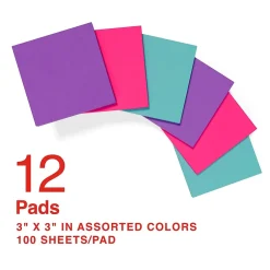 Discount Pop-up Notes, 3" x 3", Berry Blast Collection, 100 Sheet/Pad, 12 Pads/Pack (52225) Sticky Notes